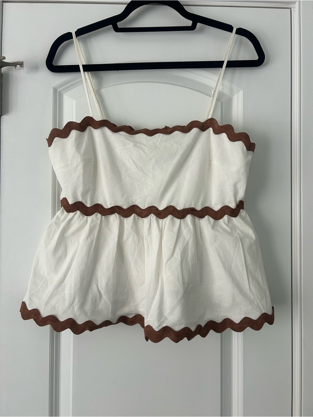 Petal & Pup Off White Peplum Tank Top with Brown Ric Rac Trim